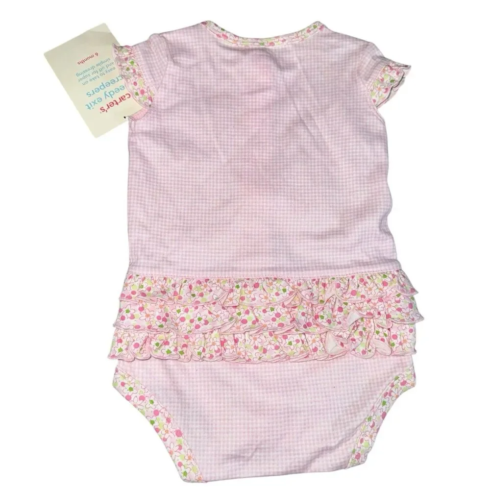GIRLS 6 Months 1-Piece Bodysuit / Romper Pink Gingham-Flower Trim &‎ Ruffle NWT